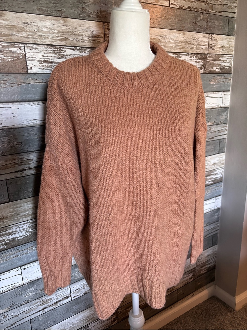 Aerie Crewneck Chunky Knit Brushed Fuzzy Oversized Sweater Camel Brown Womens XS